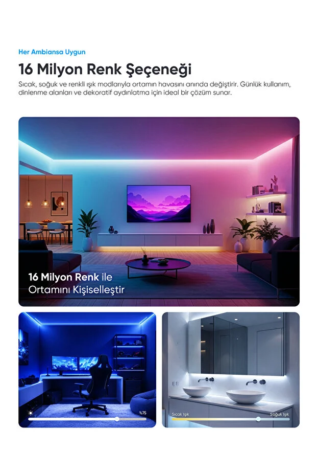 Akıllı Neon LED Şerit 2.5 Metre Wi-Fi Kontrollü RGB LED Aydınlatma